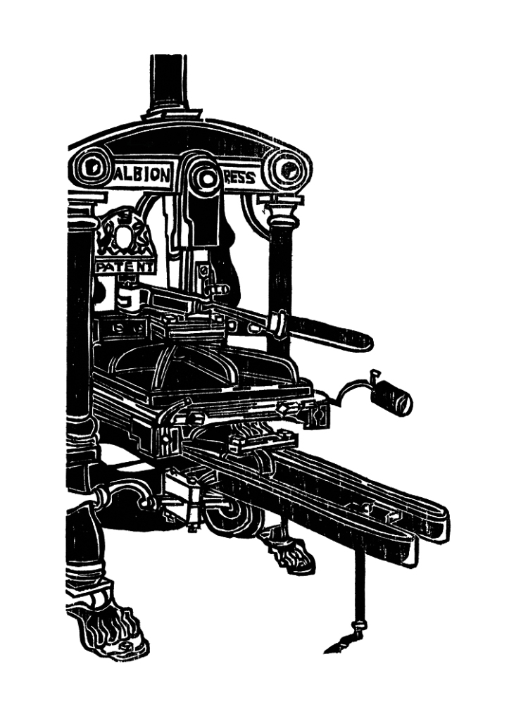 A woodcut of an albion press to show what all the wodcuts were printed on