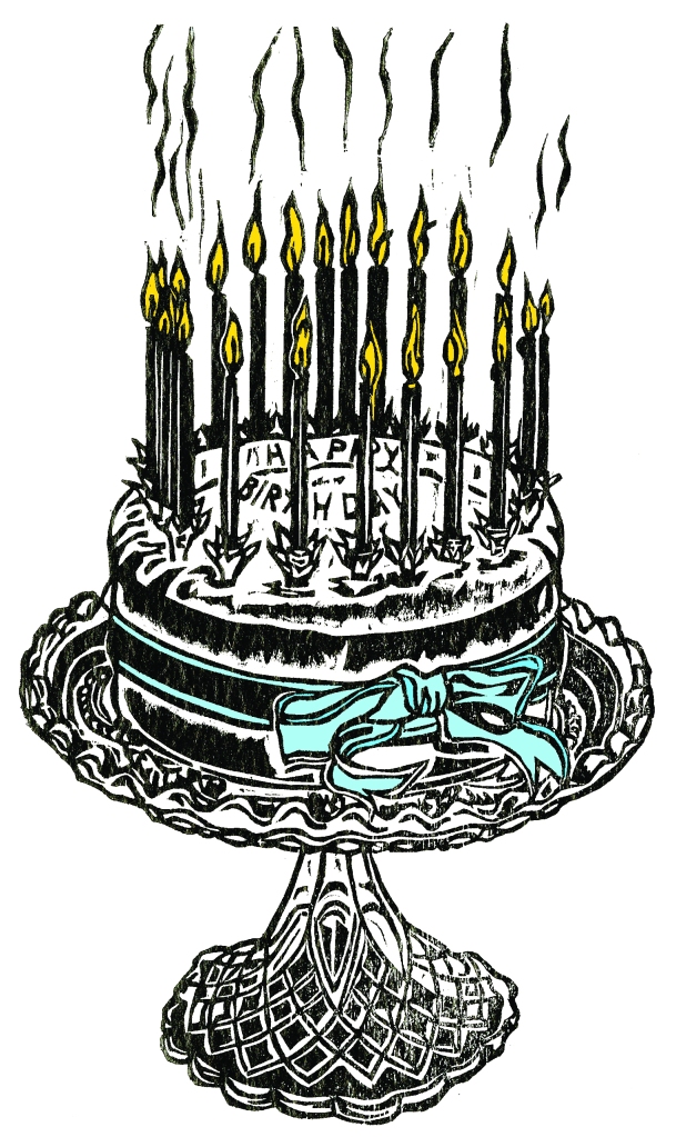 A woodcut of a birthday cake with yellow candles and a blue ribbon