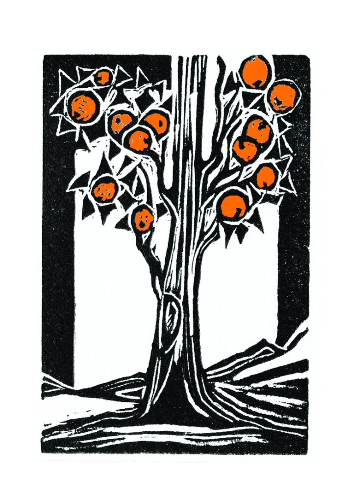 Woodcut of an orange tree illustration for a poem in the collection, The Orange Tree at the end of the World. 
copyright charlotte cory